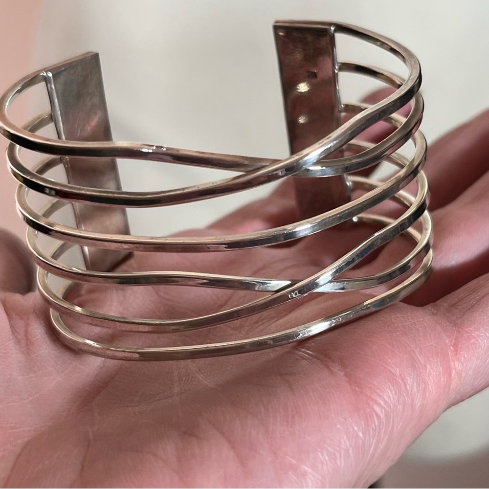 Sterling Silver .925 Modernist Art Deco minimalist Heavy Wide Cuff Bracelet - Picture 9 of 17